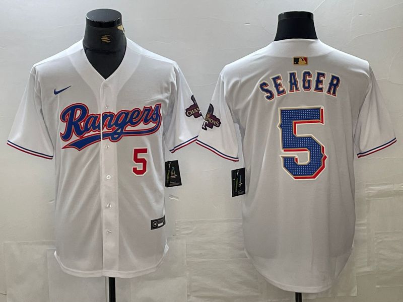 Men Texas Rangers #5 Seager White Champion Game Nike 2024 MLB Jersey style 3